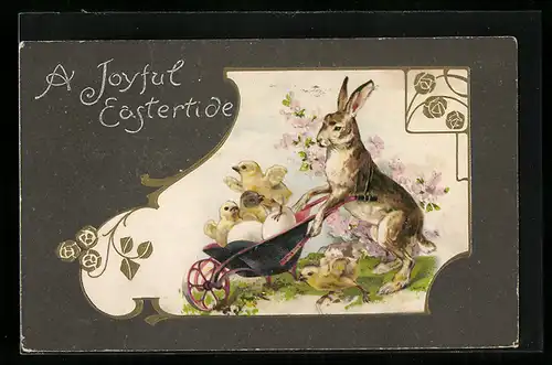AK Osterhase schiebt Karre mit Kücken und Eiern