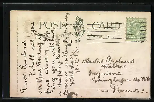 AK Osterhase schiebt Karre mit Kücken und Eiern