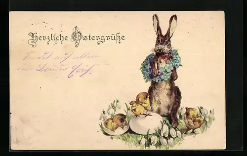 AK Osterhase mit Kranz aus Vergissmeinnicht und Küken