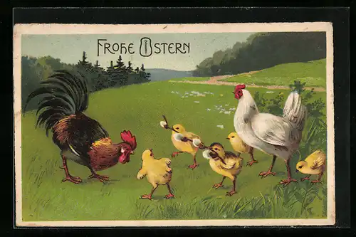 AK Hahn mit Osterküken