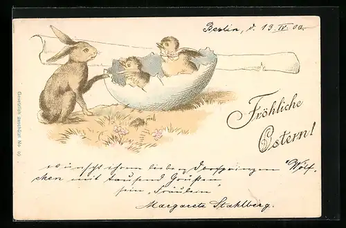 AK Osterhase blickt zu Küken in Eierschale