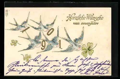 AK Jahreszahl 1901, Schwalben und Kleeblatt