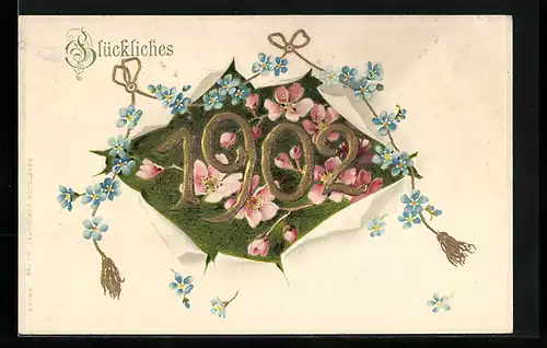 AK Jahreszahl 1902, Blumenblüten und Kordel mit Vergissmeinnicht