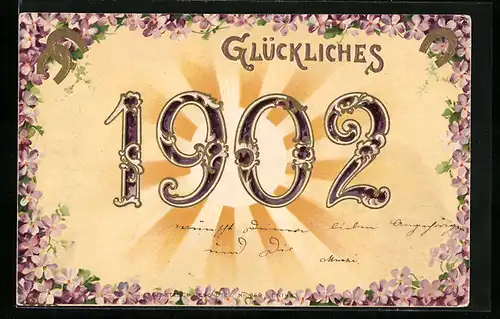 Lithographie Glückliches 1902, Jahreszahl und Veilchen