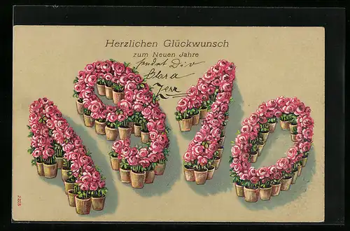 Künstler-AK Prosit Neujahr 1910 mit Blumen-Dekor