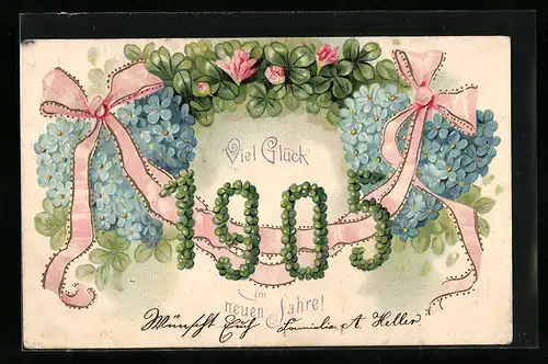 AK Jahreszahl 1905 mit schönem Blumenarrangement und Schleifenband