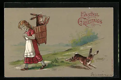 AK Osterhase im Korb jubelt Hasen zu
