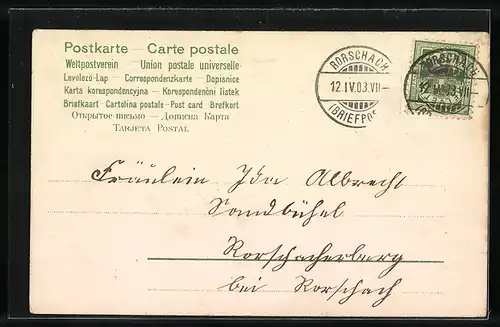 Lithographie Osterküken steht auf einem Osterei mit Veilchen