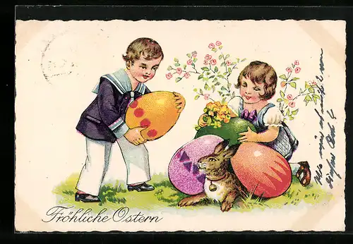 AK Kinder mit Osterhasen und Ostereiern