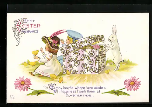 AK Osterhase blickt in die Geschenkekiste