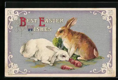 AK Osterhasen knabbern am Salat und an Möhren