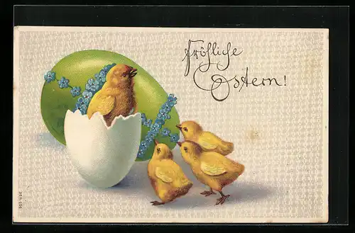 AK Osterküken schlüpft aus Ei