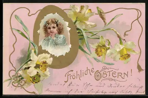 AK Porträt eines Mädchens in einem goldenen Ei, Ostern