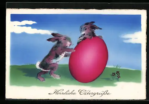 AK Osterhase neben Osterei, Ostergrüsse