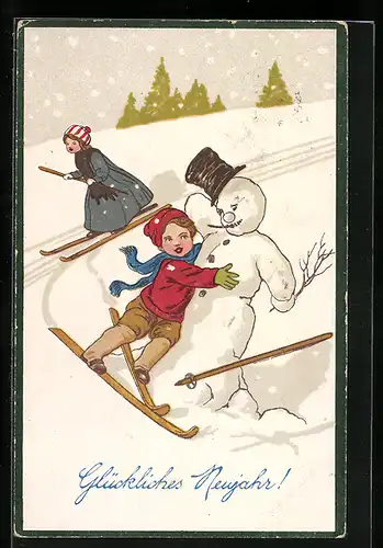 AK Kind mit Skiern und Schneemann