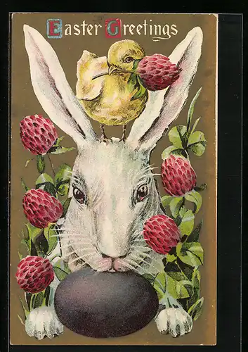 AK Osterhase mit Küken und Kleeblättern