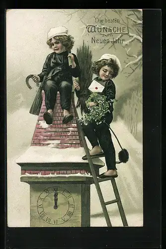 AK Junge, blonde Schornsteinfeger auf Uhrturm sitzend, Neujahrsgruss
