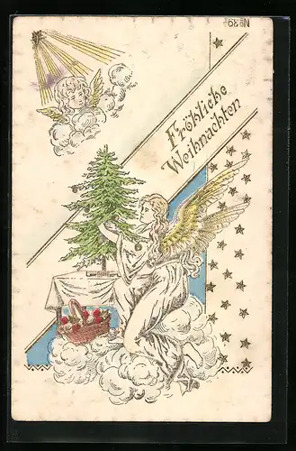 AK Weihnachtsengel dekoriert den Christbaum