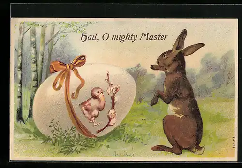 AK Osterhase schaut auf ein grosses Osterei mit Küken darauf