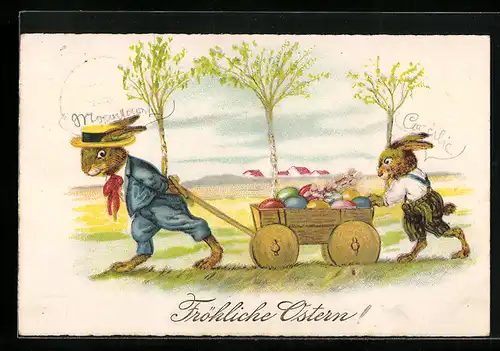 AK Osterhase mit Hut ziehen einen Karren voller Ostereier