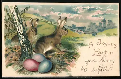 AK Osterhasen mit Osternest