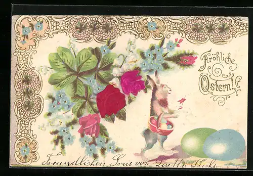 AK Osterhase mit Kleeblättern und Rosen