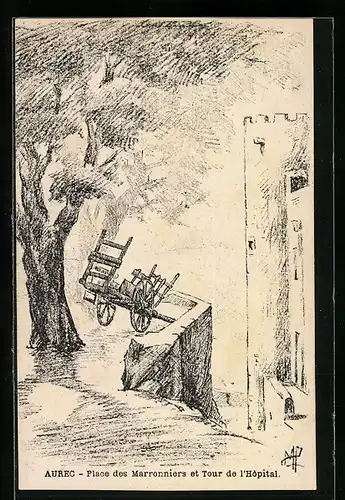 Künstler-AK Aurec, Place des Marronniers et Tour de l`Hopital