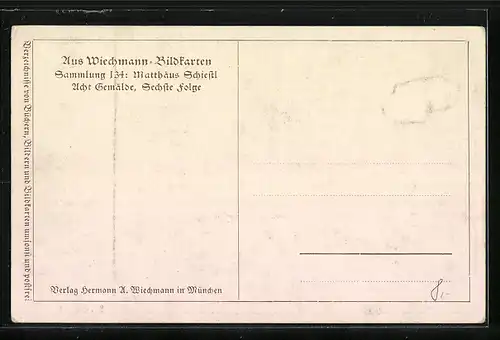 Künstler-AK Matthäus Schiestl: Das Volkslied, Musikant vor Fachwerkhäusern