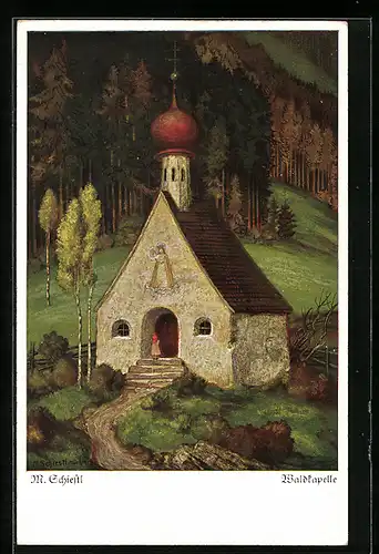 Künstler-AK Matthäus Schiestl: Waldkapelle und ein Kind