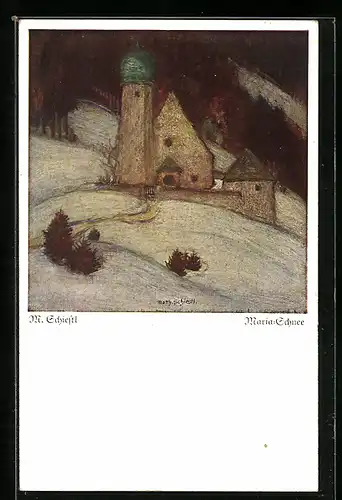 Künstler-AK Matthäus Schiestl: Bschlabs, Wallfahrtskirche Maria-Schnee im Winter