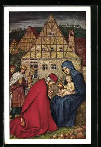 Künstler-AK Matthäus Schiestl: Die heiligen drei Könige und Maria mit Jesuskind