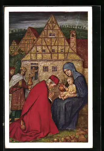 Künstler-AK Matthäus Schiestl: Die heiligen drei Könige und Maria mit Jesuskind