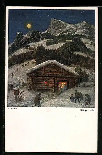 Künstler-AK Matthäus Schiestl: Holzhütte im Schnee bei Nacht