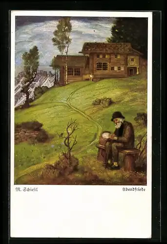 Künstler-AK Matthäus Schiestl: Abendfriede, Älterer Mann auf einer Bank