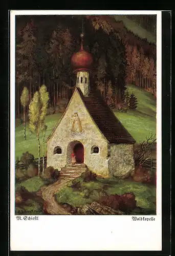 Künstler-AK Matthäus Schiestl: Waldkapelle und ein Kind