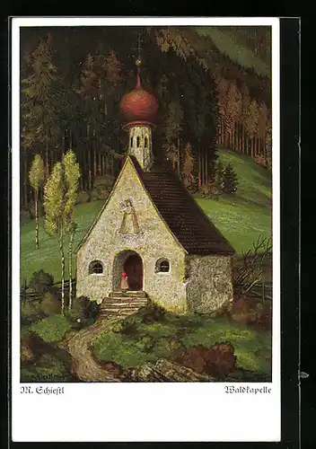 Künstler-AK Matthäus Schiestl: Waldkapelle und ein Kind