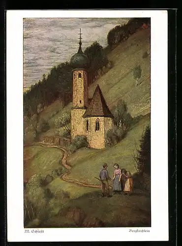 Künstler-AK Matthäus Schiestl: Bergkirchlein, Landidyll