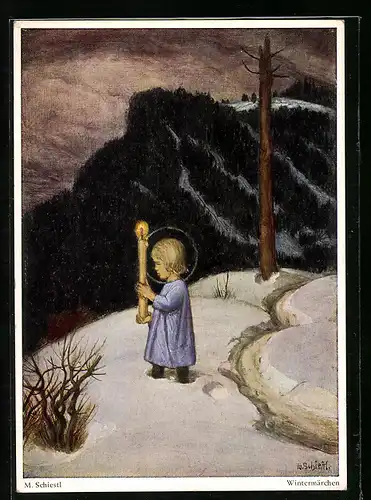 Künstler-AK Matthäus Schiestl: Wintermärchen - Christkind mit Kerze