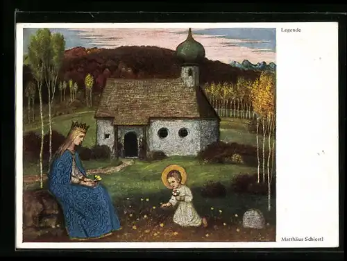 Künstler-AK Matthäus Schiestl: Die Legende, Heiliges Kind auf Blumenwiese