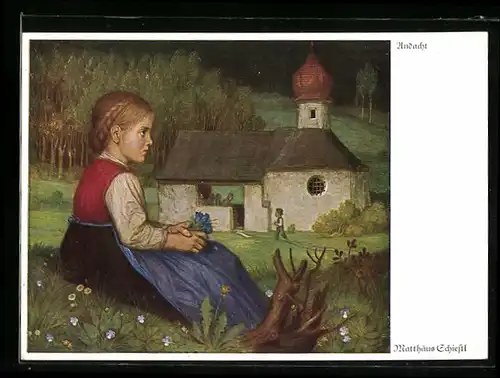 Künstler-AK Matthäus Schiestl: Mädchen auf der Wiese sitzend mit Blick zur Kirche