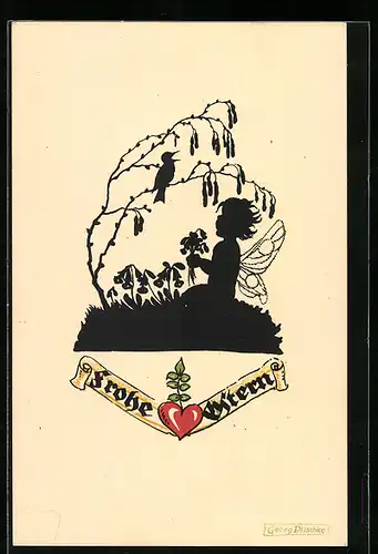 Künstler-AK Georg Plischke: Elfe und singender Vogel, Ostergruss, Schattenbild