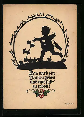 Künstler-AK Georg Plischke: Das wird ein Blühen geben..., Amor wirft mit Herzen, Schattenbild