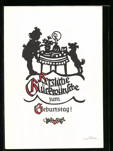 Künstler-AK Georg Plischke: Mädchen und Hund an einem gedeckten Tisch