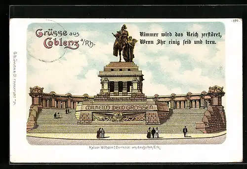 Lithographie Coblenz a. Rh., Kaiser Wilhelm Denkmal am deutschen Eck