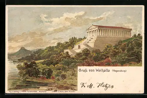 Lithographie Regensburg, Panorama mit Walhalla