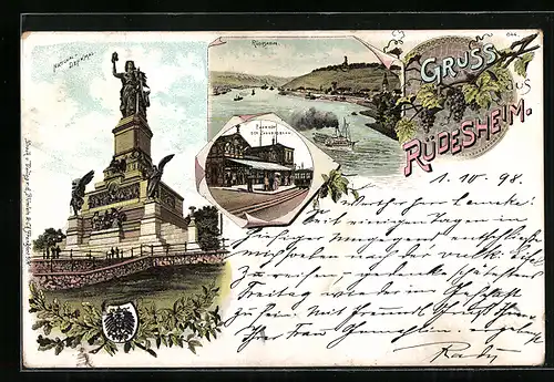 Lithographie Rüdesheim, National-Denkmal, Bahnhof der Zahnradbahn, Panorama