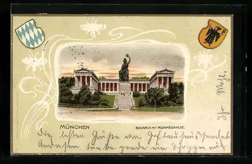 Passepartout-Lithographie München, Bvaria und Ruhmeshalle, Bayrisches Wappen, Kindl, Ornamente