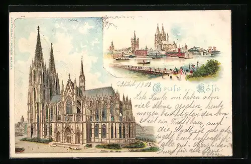 Lithographie Köln, Dom, Uferpartie