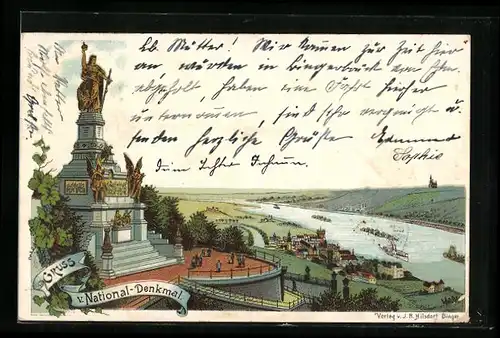 Lithographie Rüdesheim, Gruss v. National-Denkmal