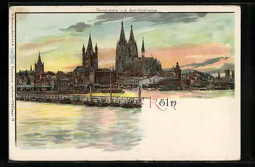 Lithographie Köln, Hafen und Dom in der Sonnenröte